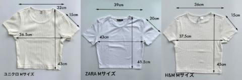 ユニクロ、ZARA、H＆Mのクロップド丈Tシャツの置き画