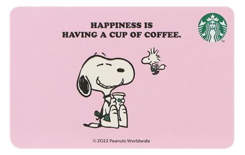 スターバックス × PEANUTSの「スターバックス カード PEANUTS ピンク」には、スヌーピーとウッドストックがコーヒーブレイクを楽しむ様子が描かれています